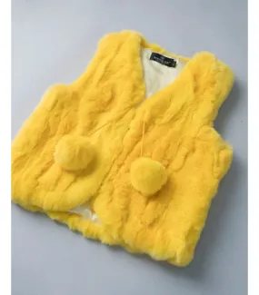 Mini Adelyn Rabbit Fur Vest with Pom Poms in Yellow for Kids: FurHatWorld.com