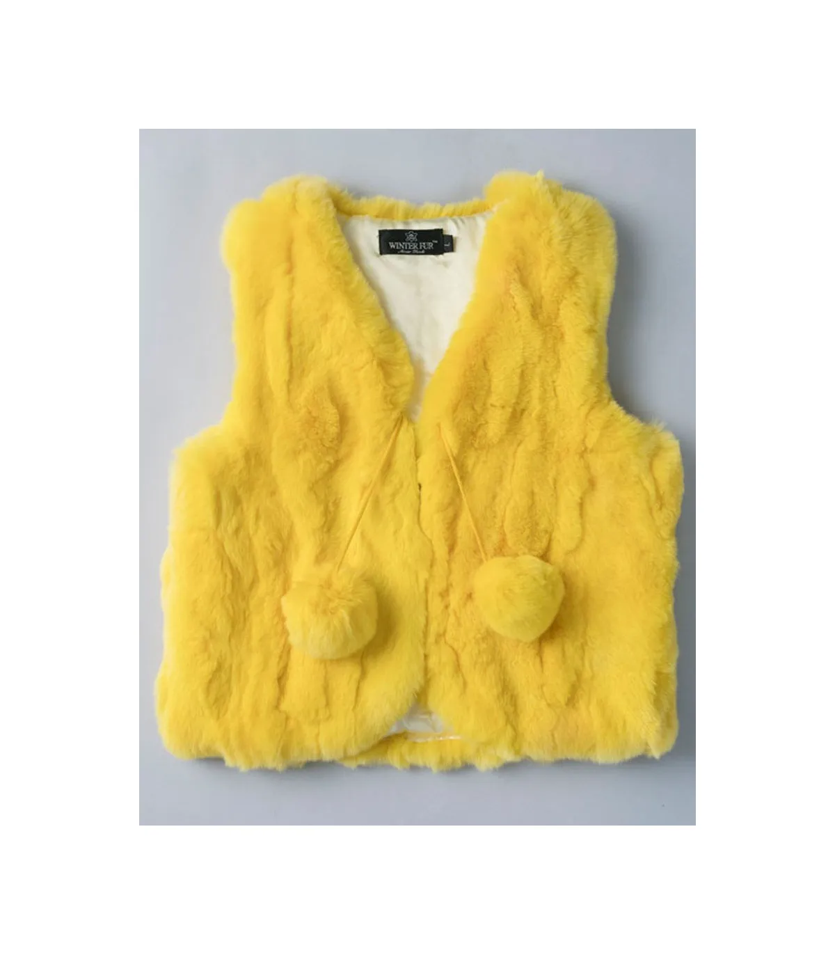 Mini Adelyn Rabbit Fur Vest with Pom Poms in Yellow for Kids: FurHatWorld.com