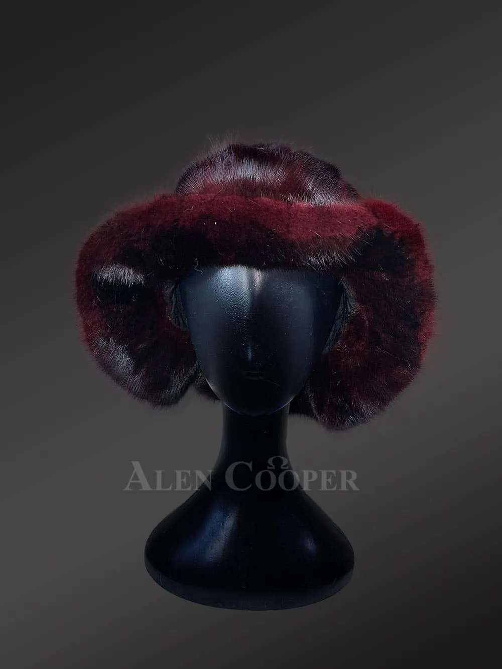 Mink Fur Cap in Burgundy for Women