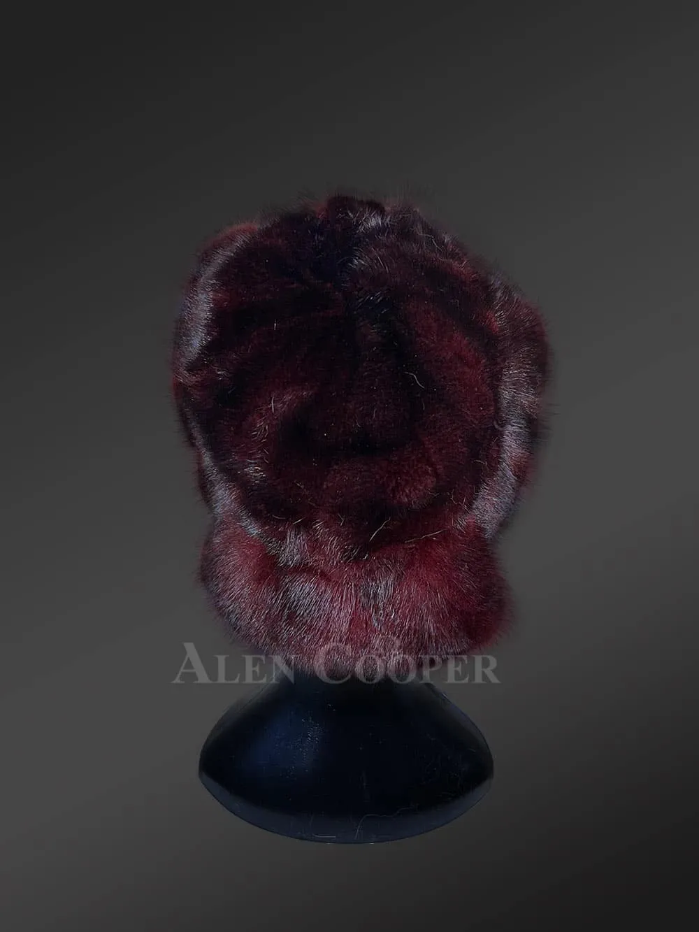 Mink Fur Cap in Burgundy for Women