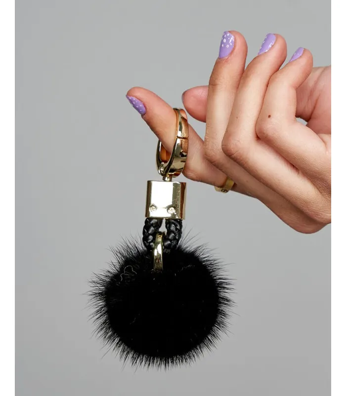 Mink Fur Key Ring Pom Pom in Black: FurHatWorld.com