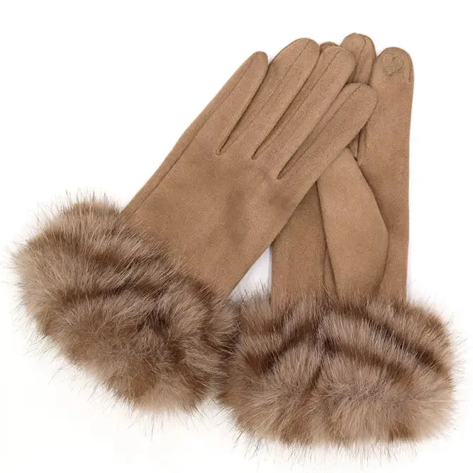 Mixed Color Faux Fur Cuff Smart Touch Gloves