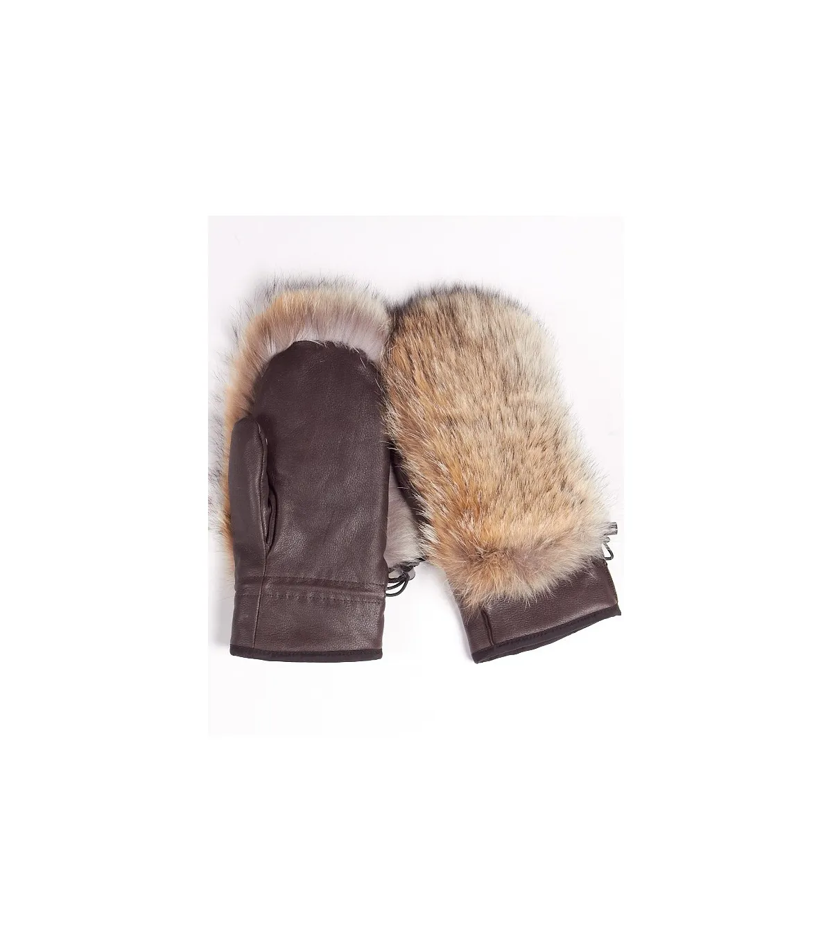 Mocha Brown Mens Leather Mitten with Coyote Fur: FurSource.com