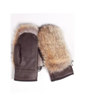 Mocha Brown Mens Leather Mitten with Coyote Fur: FurSource.com