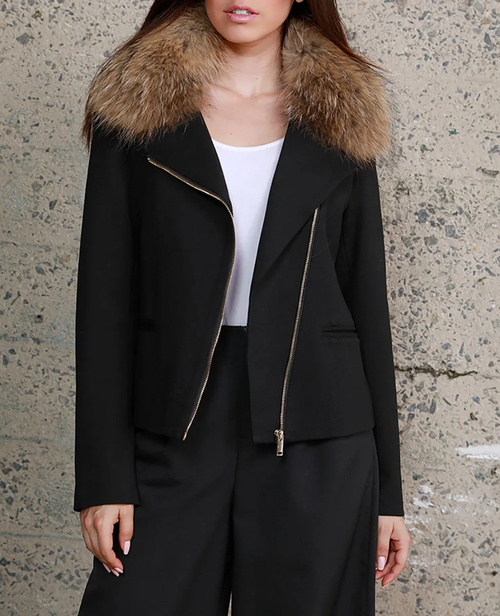 Moto Style Ponte Jacket with Fur Collar