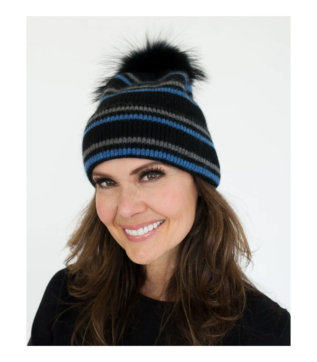 Myrdal Knit Beanie with Finn Raccoon Fur Pom Pom in Black at FurHatWorld.com