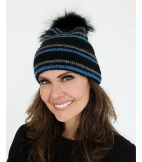 Myrdal Knit Beanie with Finn Raccoon Fur Pom Pom in Black at FurHatWorld.com