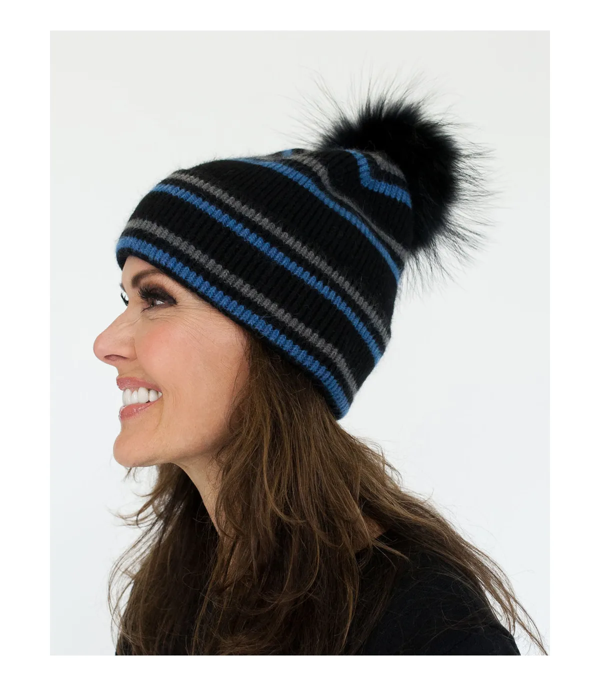 Myrdal Knit Beanie with Finn Raccoon Fur Pom Pom in Black at FurHatWorld.com