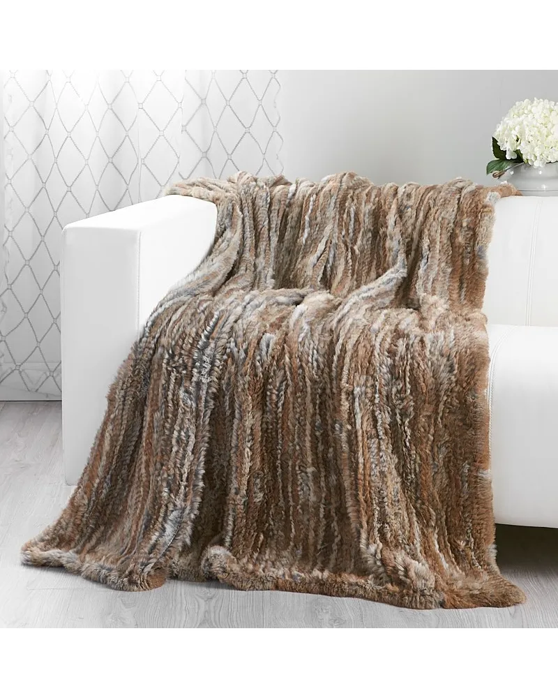 Natural  Brown Knit Rex Rabbit Fur Throw for Luxurious Home Decor at FurSource.com