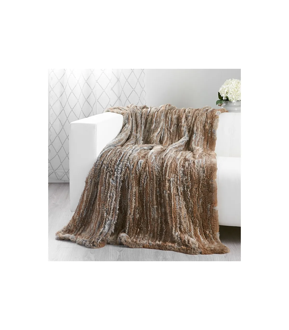 Natural  Brown Knit Rex Rabbit Fur Throw for Luxurious Home Decor at FurSource.com