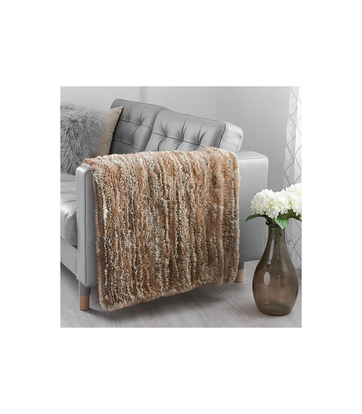 Natural  Brown Knit Rex Rabbit Fur Throw for Luxurious Home Decor at FurSource.com