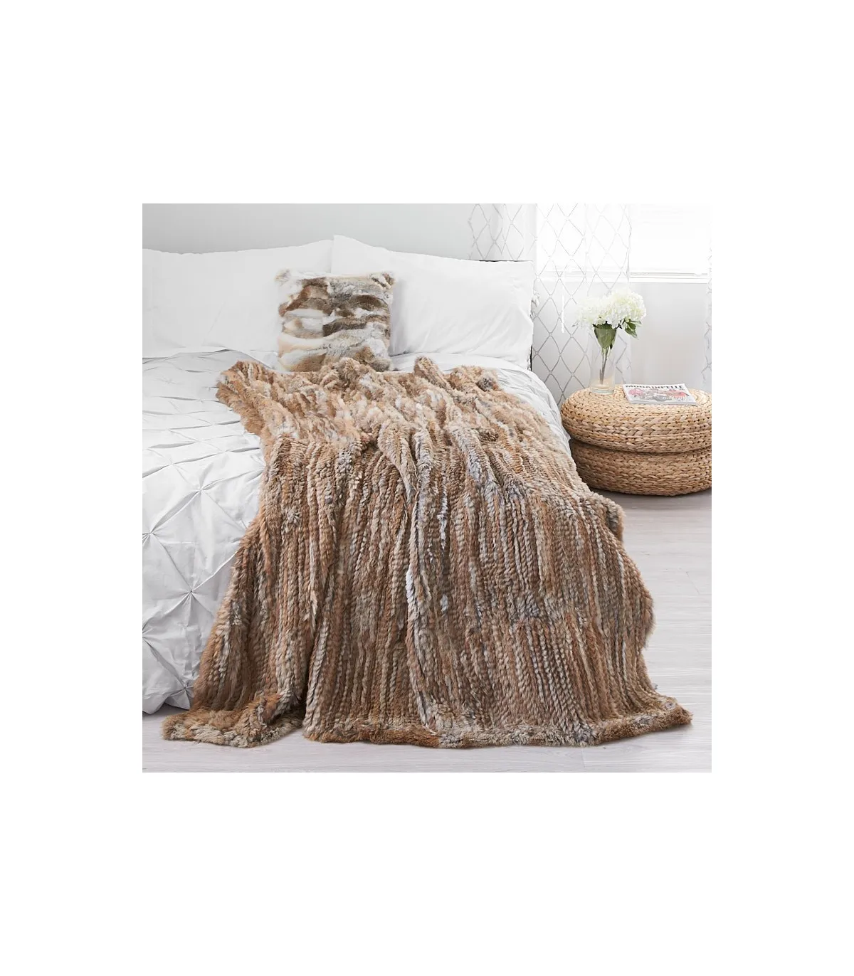 Natural  Brown Knit Rex Rabbit Fur Throw for Luxurious Home Decor at FurSource.com