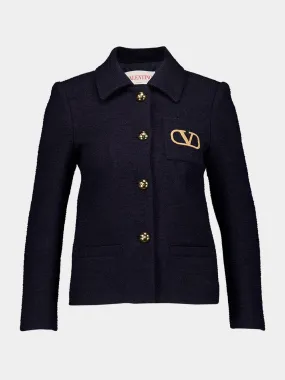 Navy Single-Breasted Tweed Jacket