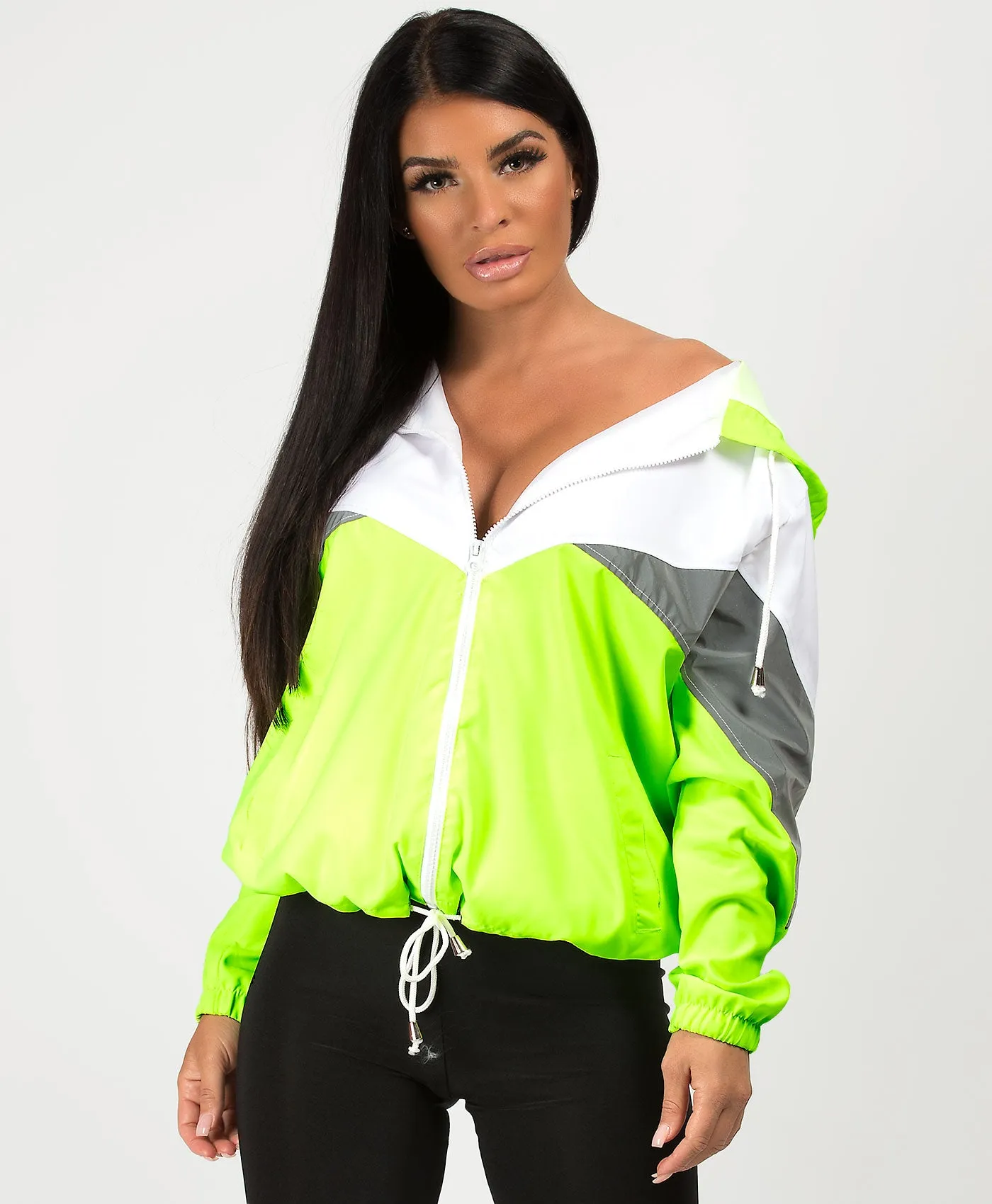 Neon Green Colour Block Reflective Panel Windbreaker Jacket