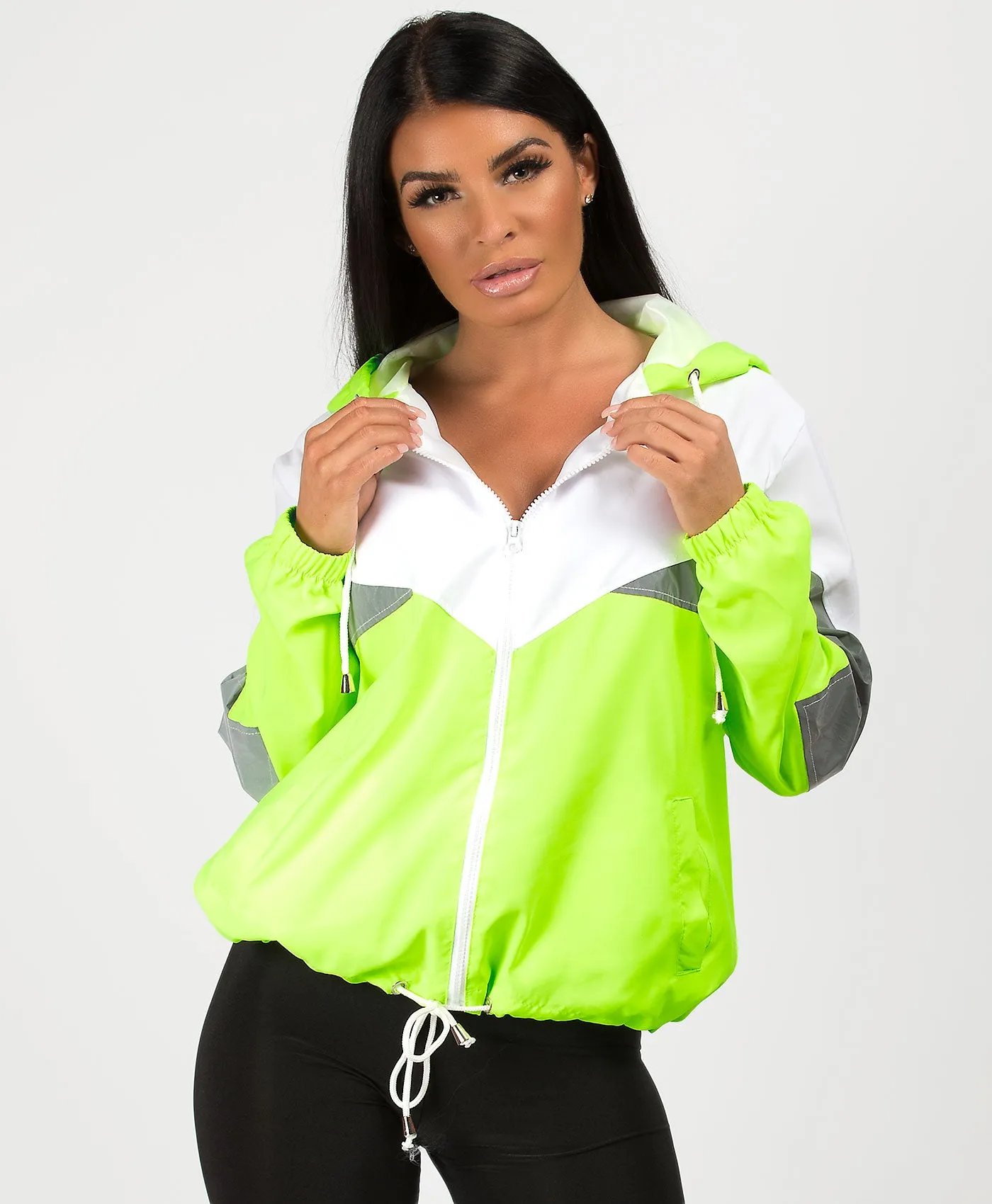 Neon Green Colour Block Reflective Panel Windbreaker Jacket