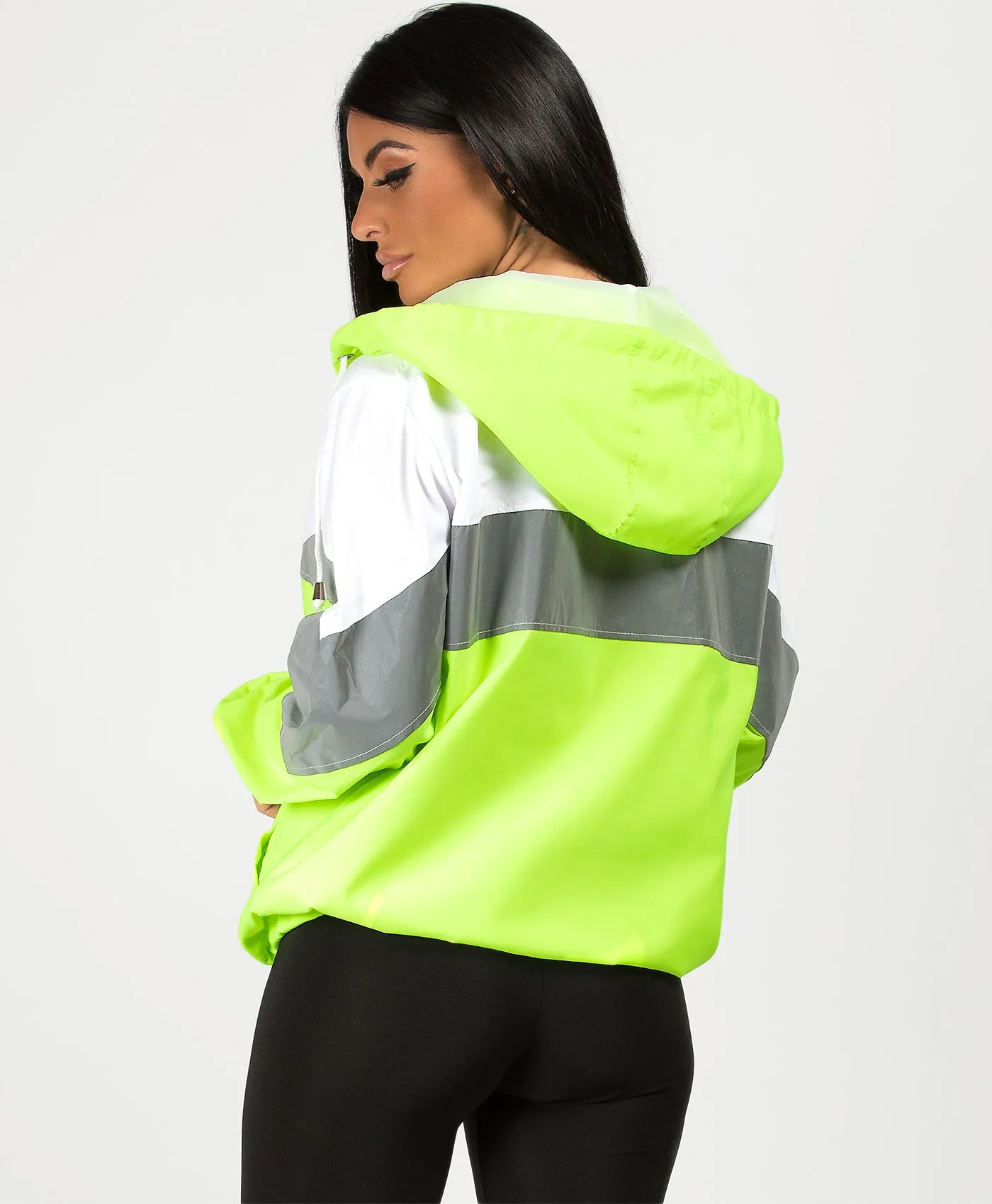 Neon Green Colour Block Reflective Panel Windbreaker Jacket