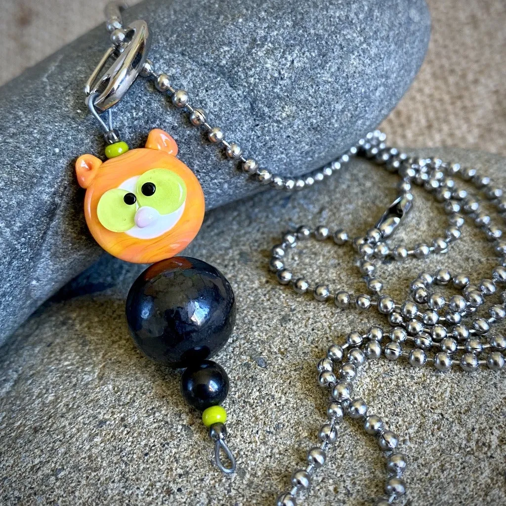 Orange Tabby Cat Shungite Necklace on Ball Chain, Accessory for Kids