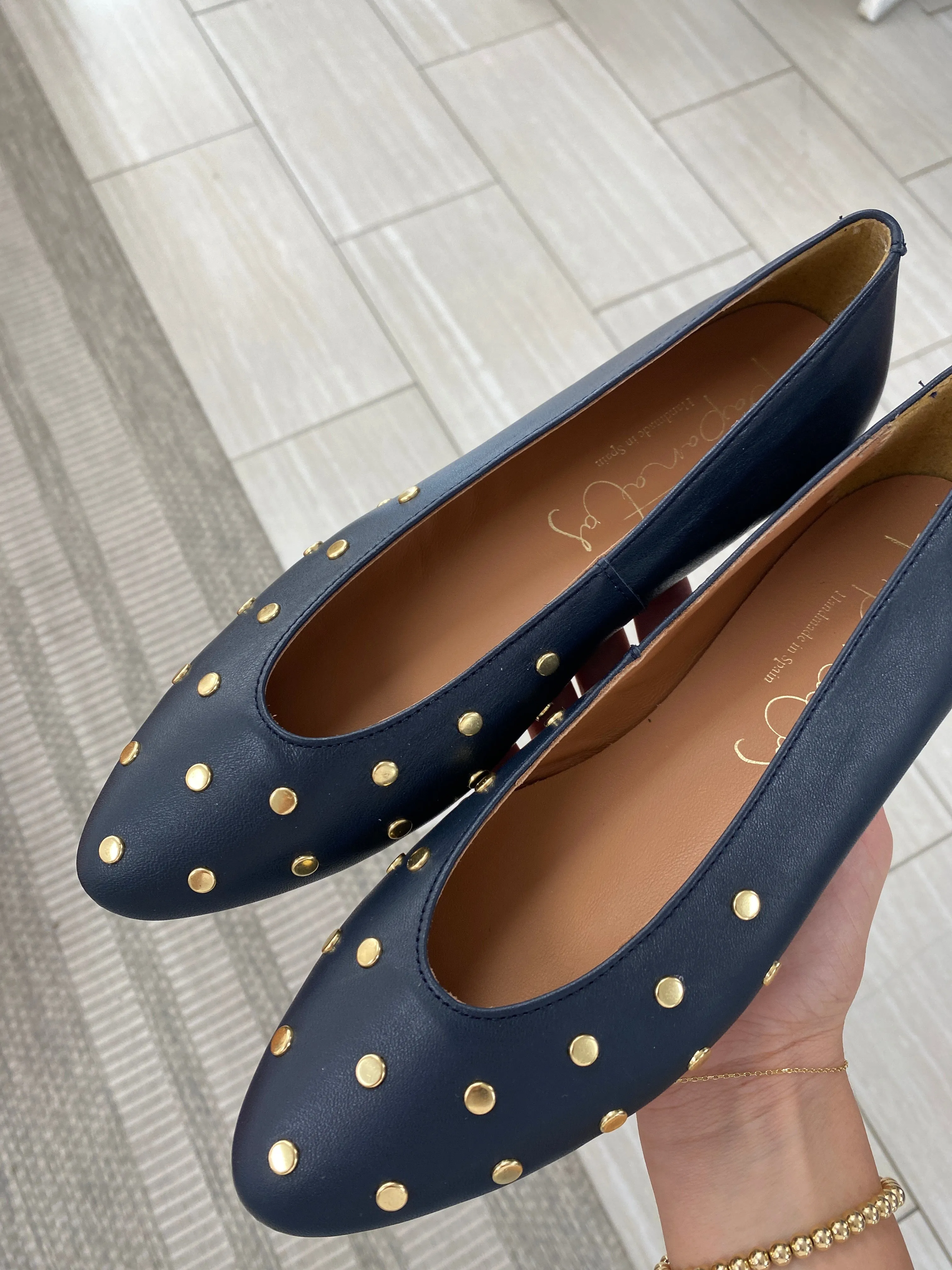 Papanatas Navy Studded Leather V Flat