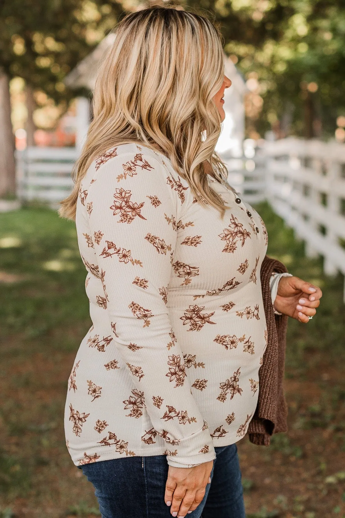 Piercing Beauty Floral Henley Top- Ivory