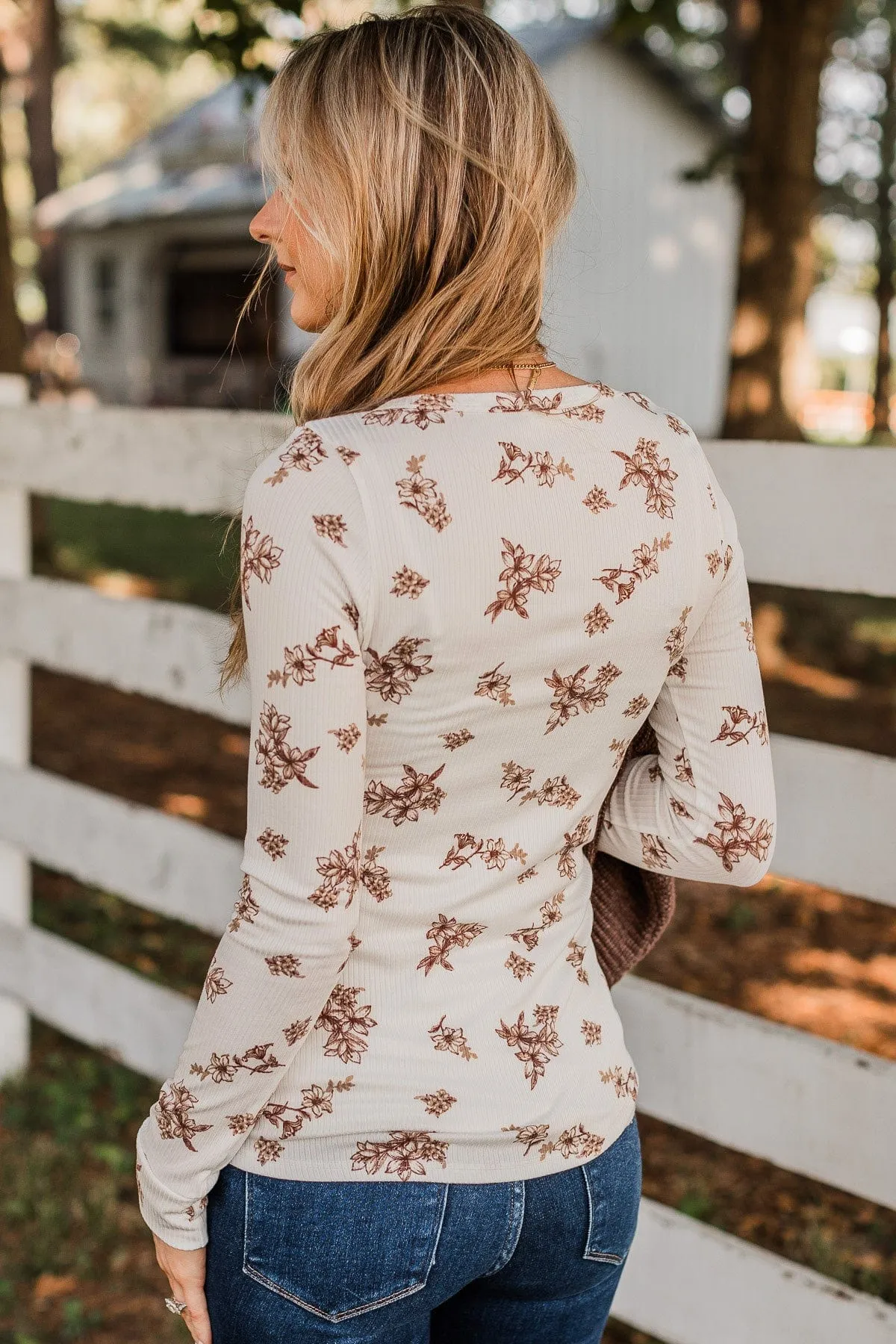 Piercing Beauty Floral Henley Top- Ivory