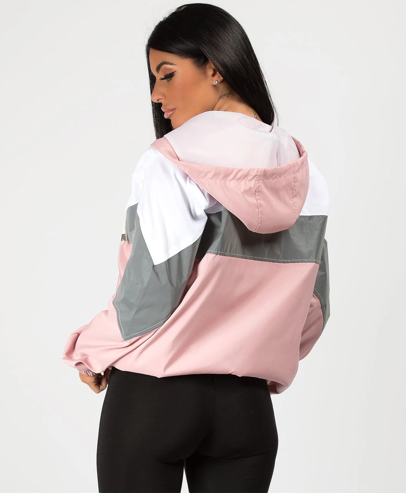 Pink Colour Block Reflective Panel Windbreaker Jacket