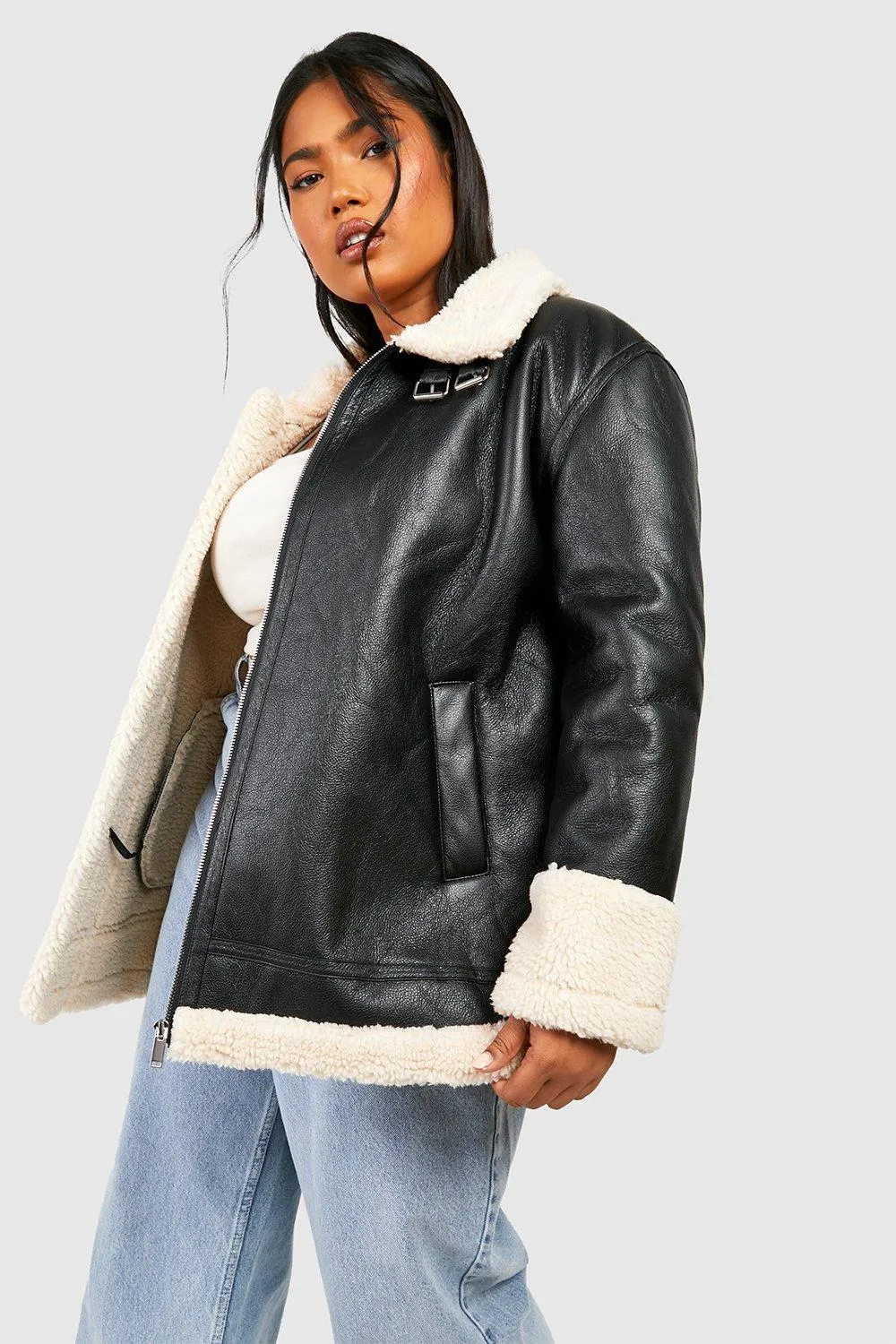 Plus Faux Fur Longline Aviator Jacket