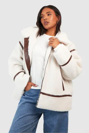 Plus Teddy Fur Contrast Pu Trim Zip Aviator Jacket