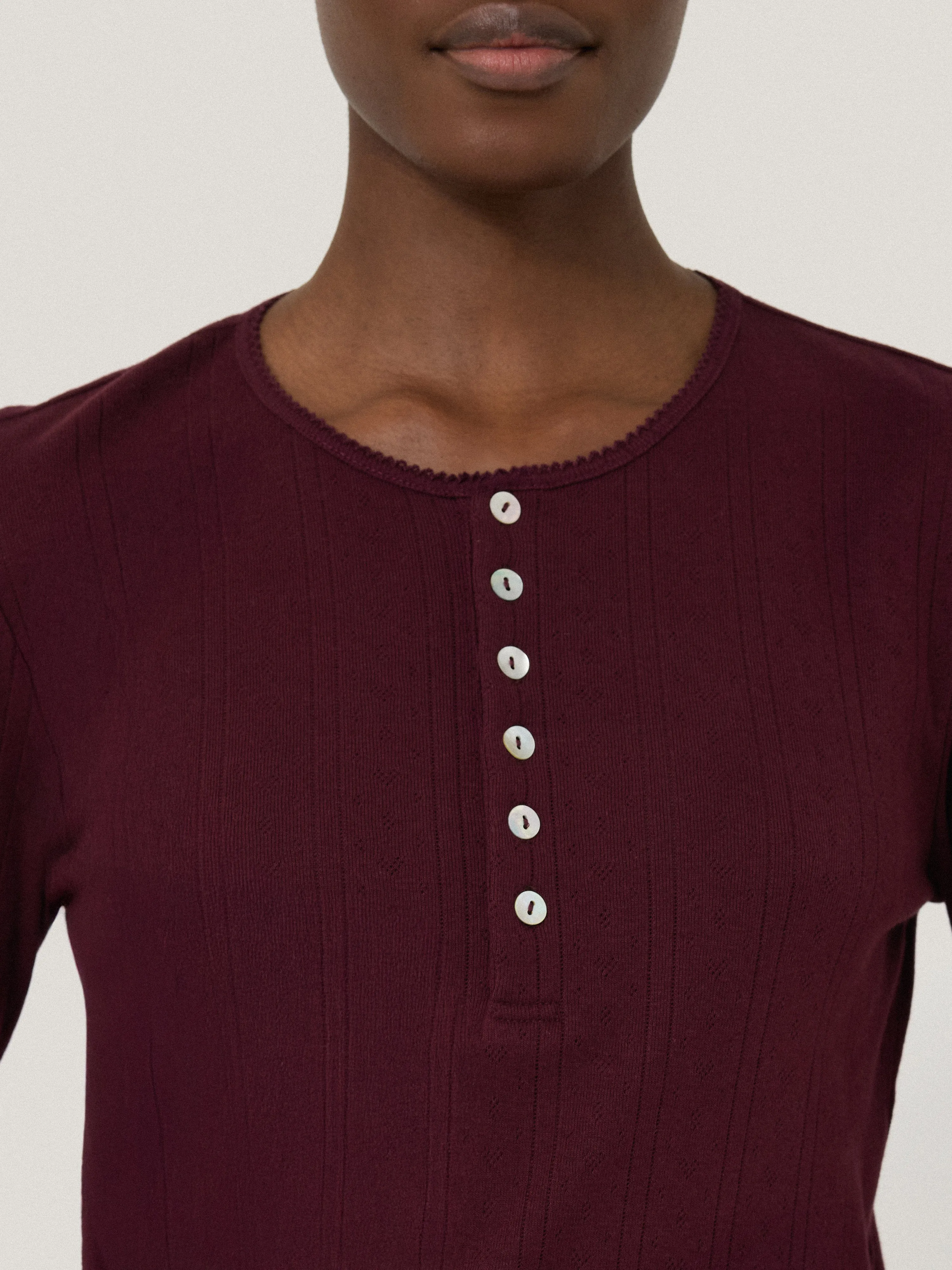 Pointelle Pyjama Henley Top | Burgundy