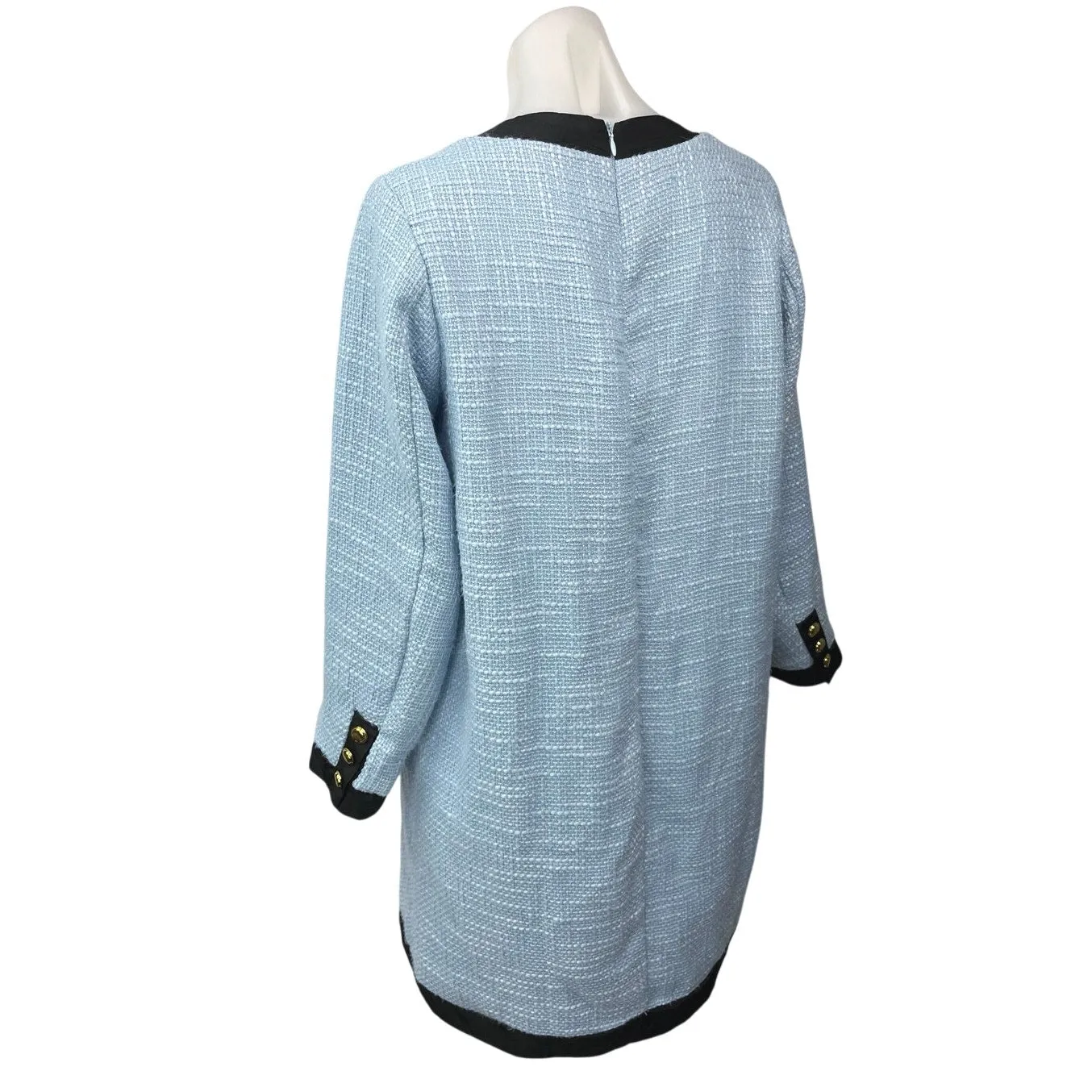 Pomander Place Blue Tweed V-neck Button Long Sleeve Midi Shift Shirt Dress Sz S