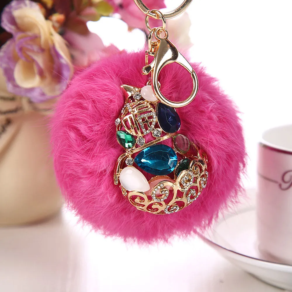 Rabbit Fur Ball Rhinestone Keychain Bag Plush Key Ring Car Key Pendant Feida