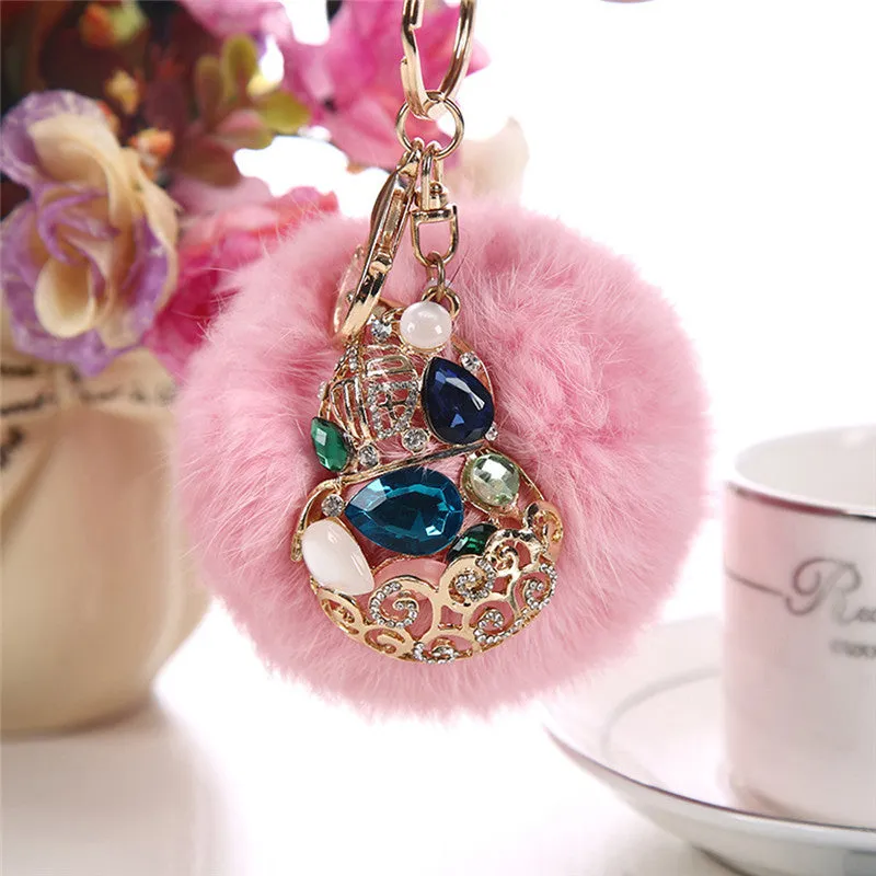 Rabbit Fur Ball Rhinestone Keychain Bag Plush Key Ring Car Key Pendant Feida