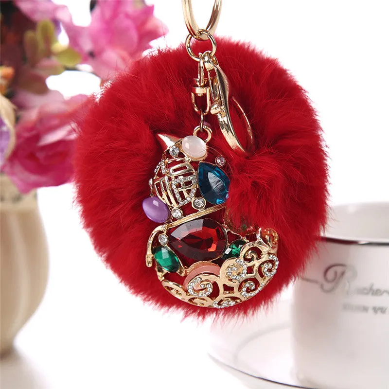 Rabbit Fur Ball Rhinestone Keychain Bag Plush Key Ring Car Key Pendant Feida