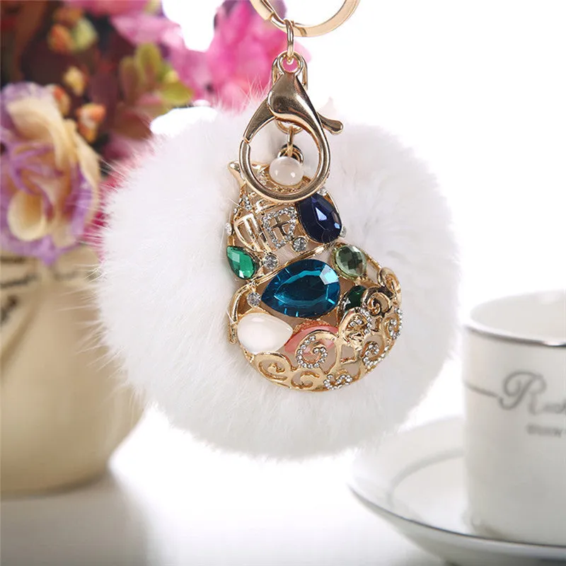 Rabbit Fur Ball Rhinestone Keychain Bag Plush Key Ring Car Key Pendant Feida