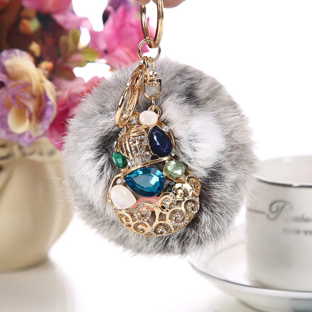 Rabbit Fur Ball Rhinestone Keychain Bag Plush Key Ring Car Key Pendant Feida