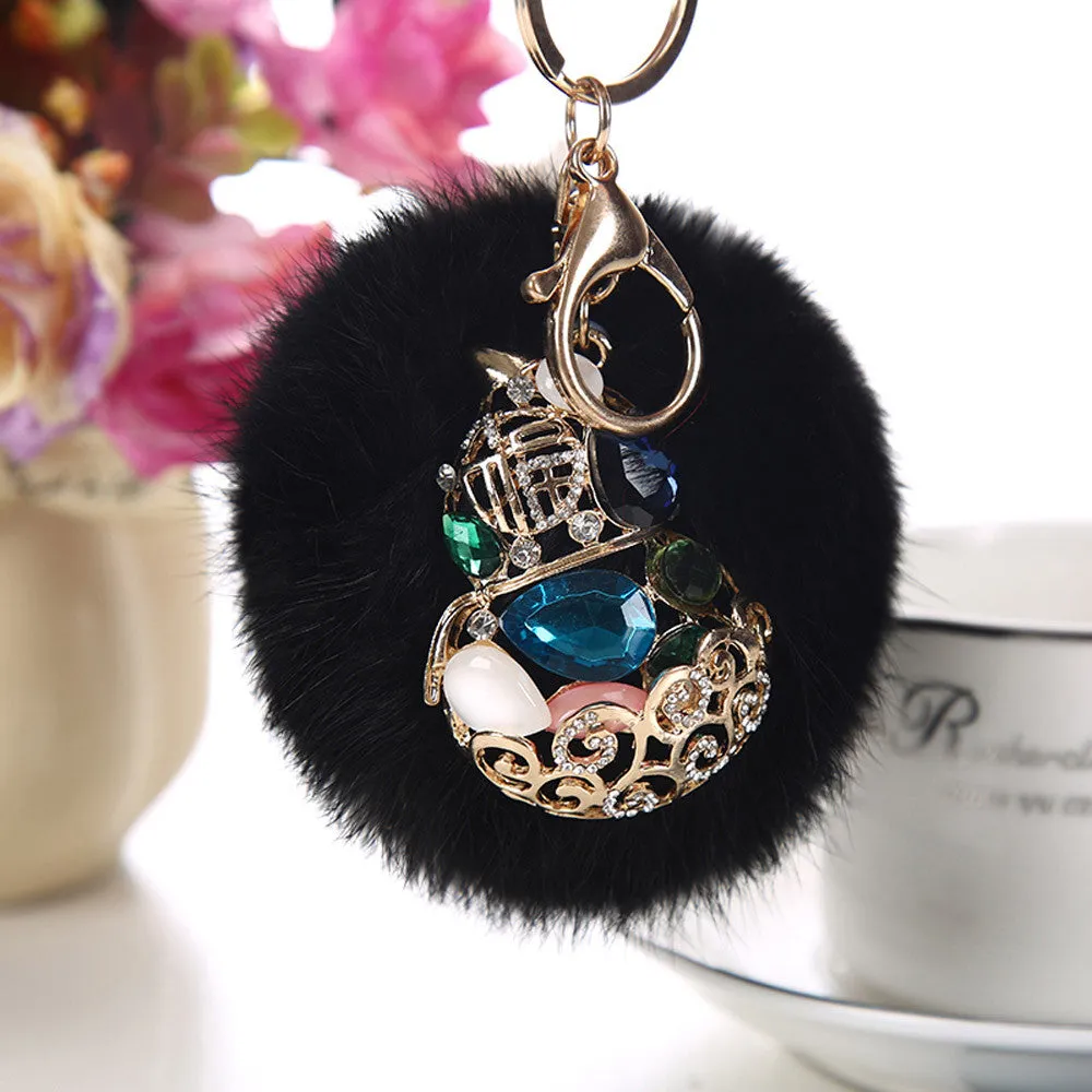 Rabbit Fur Ball Rhinestone Keychain Bag Plush Key Ring Car Key Pendant Feida