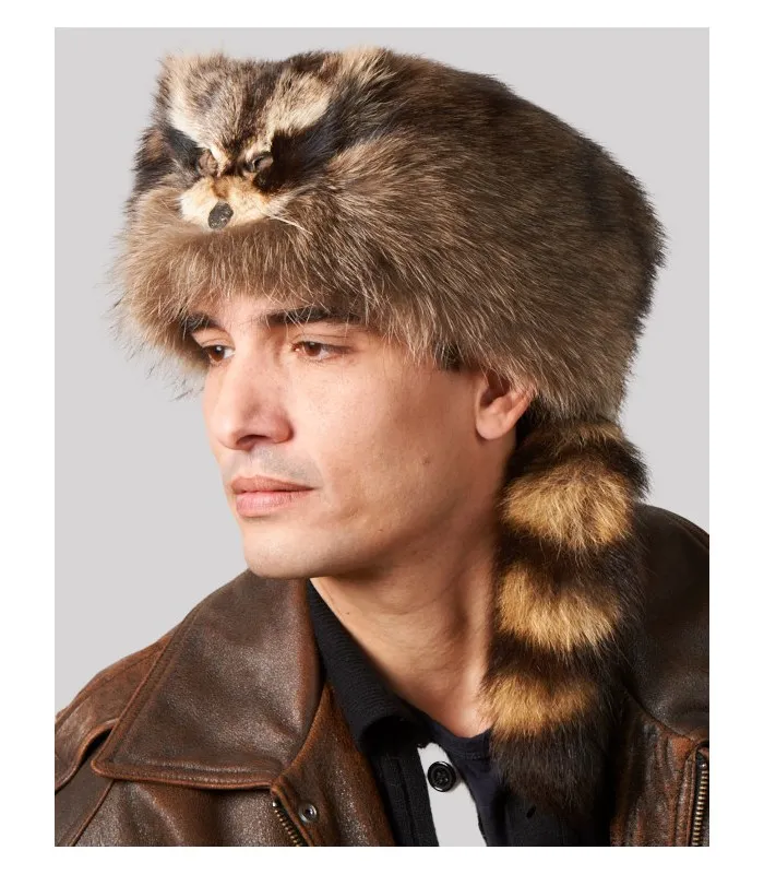 Raccoon Fur Coonskin Cap with Face for Men: FurHatWorld.com