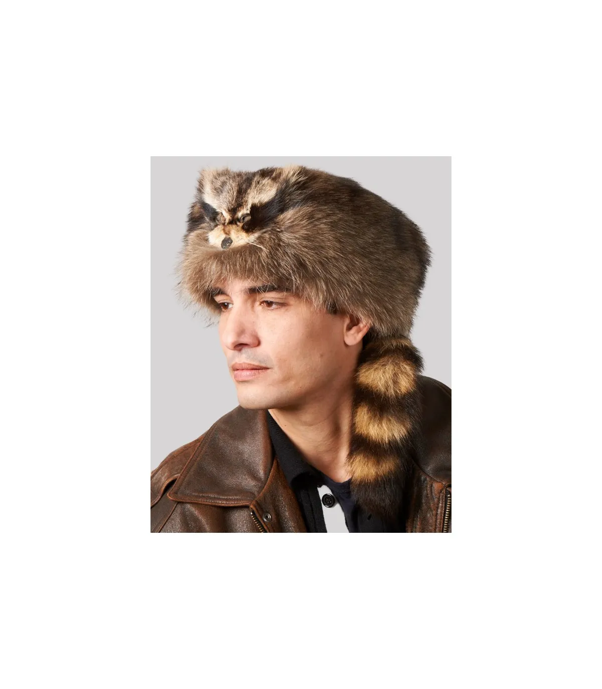 Raccoon Fur Coonskin Cap with Face for Men: FurHatWorld.com