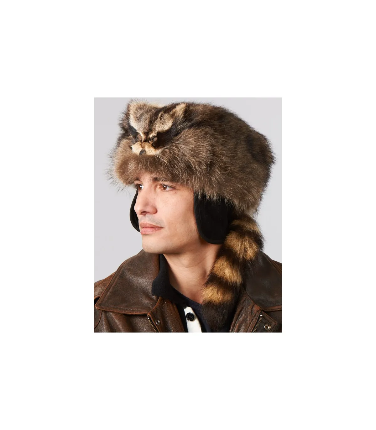 Raccoon Fur Coonskin Cap with Face for Men: FurHatWorld.com