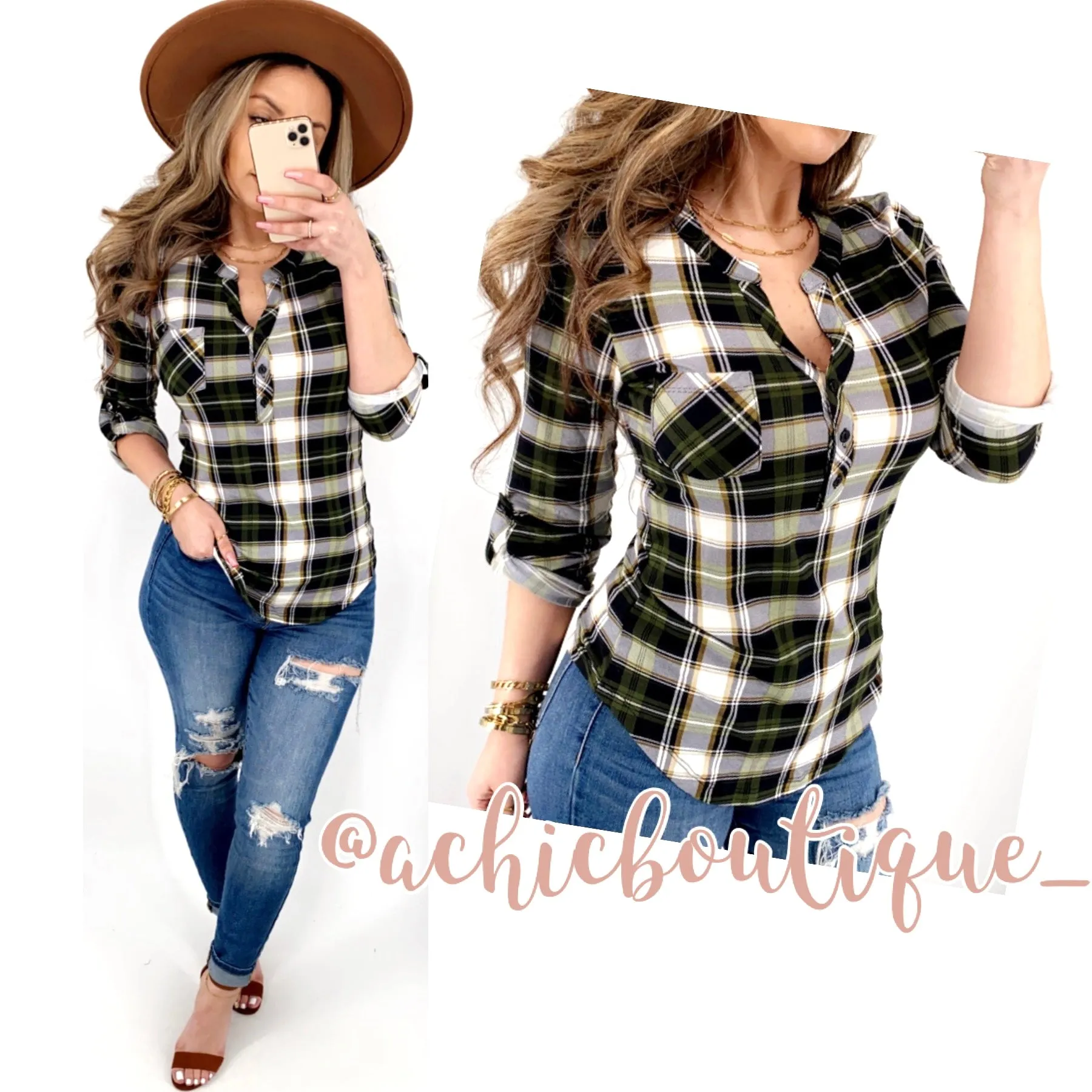 Riley Henley Top- Green Plaid