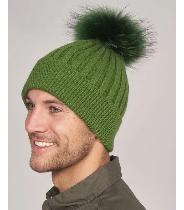 Rocco Knit Beanie Hat with Fur Pom Pom in Green: Furhatworld.com