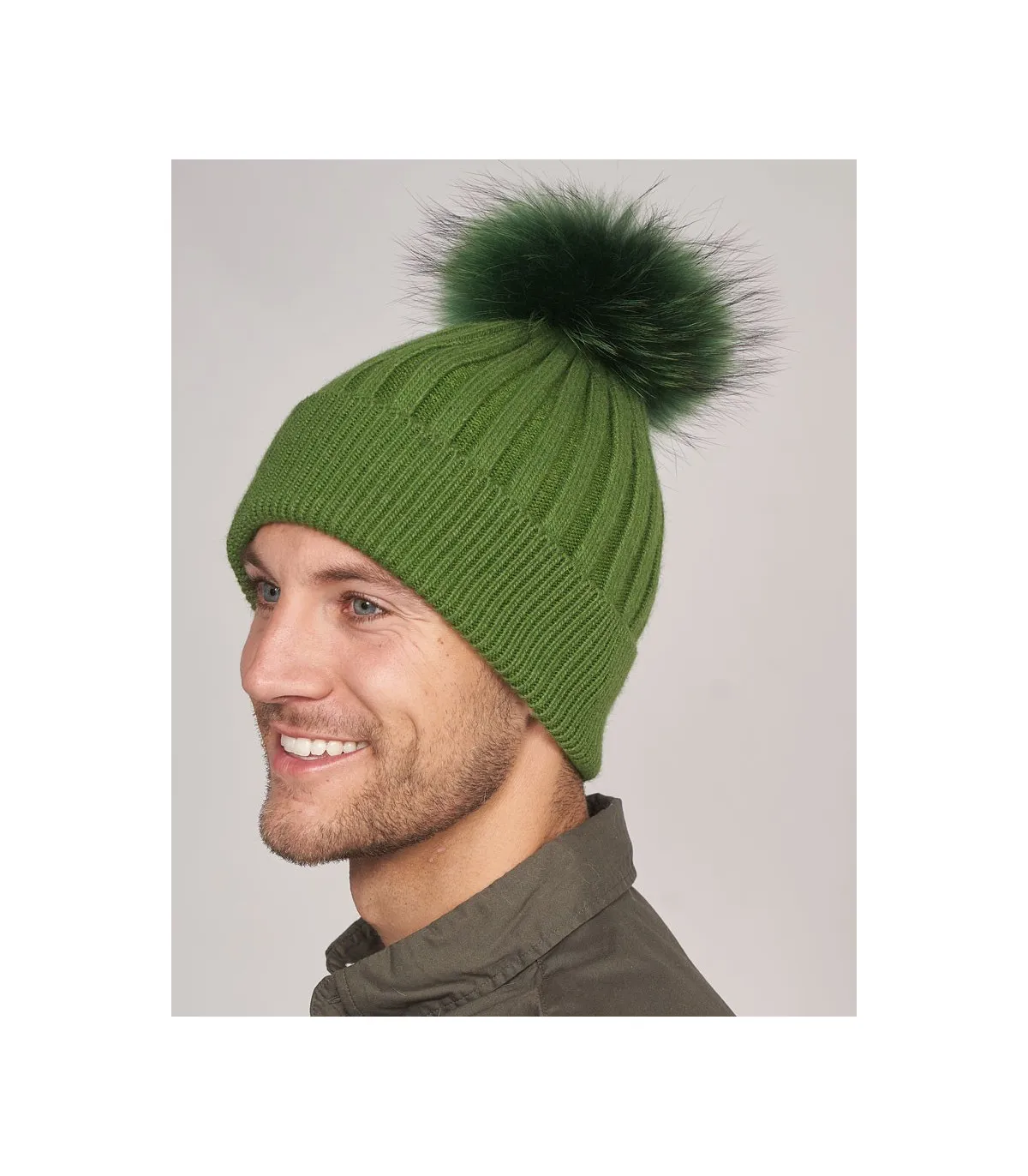 Rocco Knit Beanie Hat with Fur Pom Pom in Green: Furhatworld.com