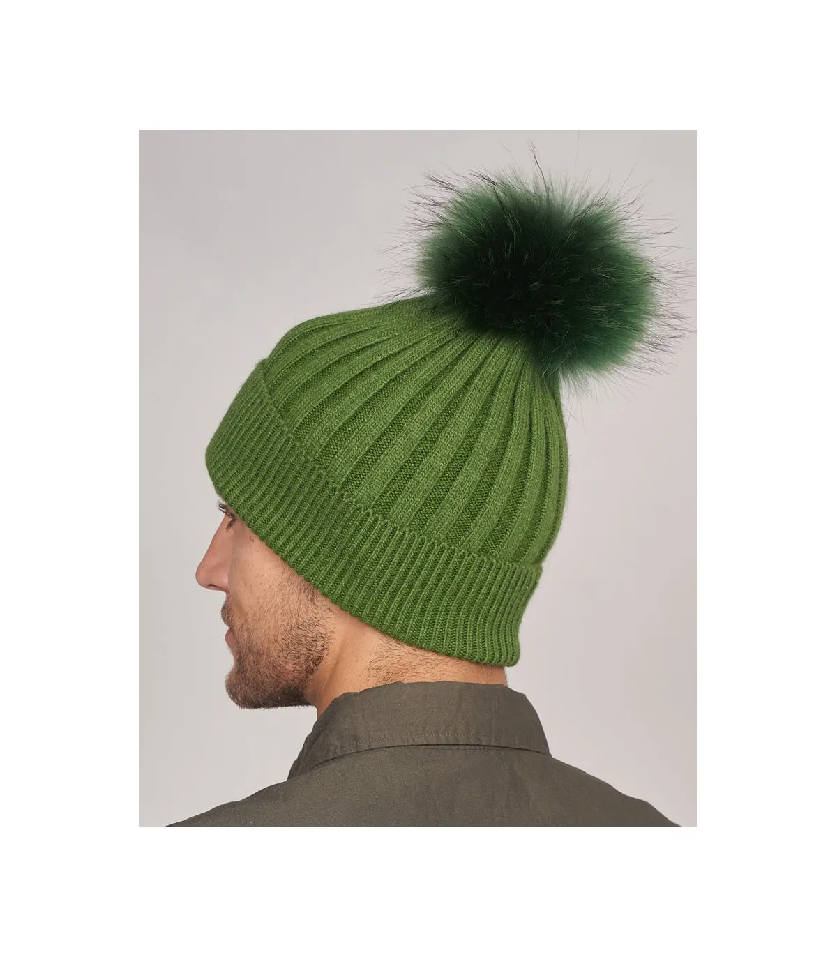 Rocco Knit Beanie Hat with Fur Pom Pom in Green: Furhatworld.com