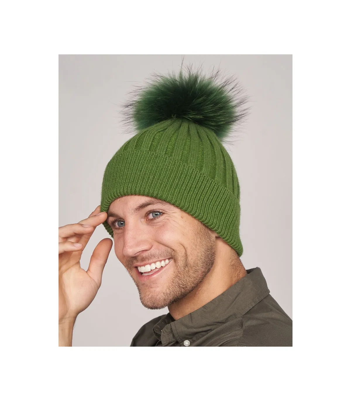 Rocco Knit Beanie Hat with Fur Pom Pom in Green: Furhatworld.com