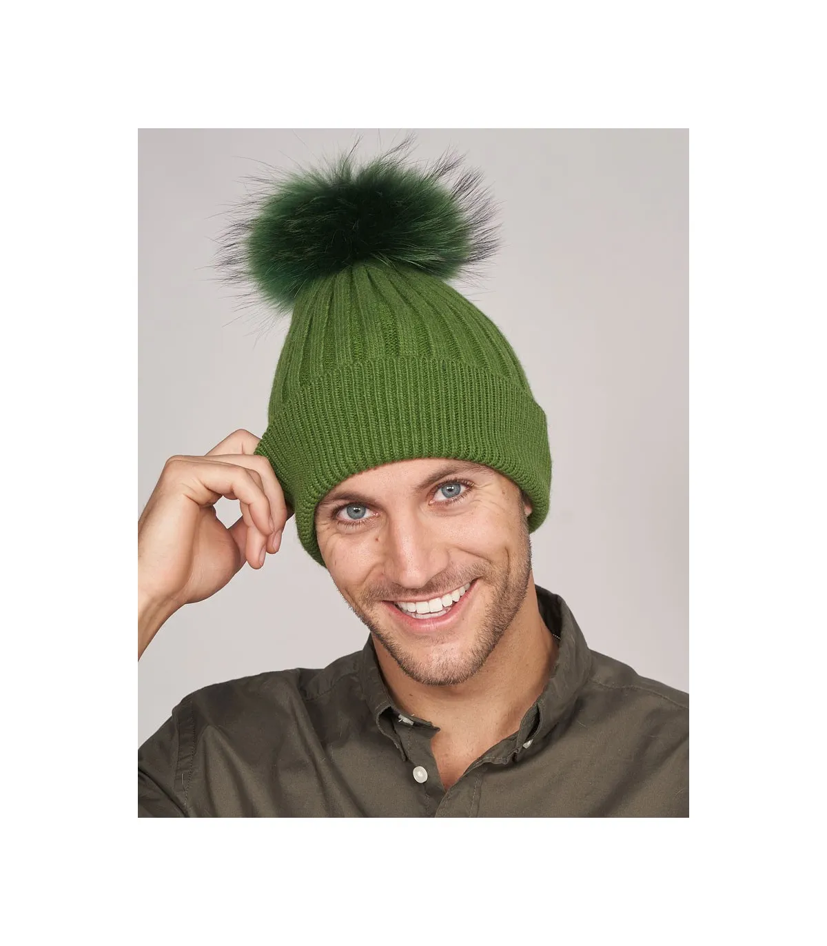 Rocco Knit Beanie Hat with Fur Pom Pom in Green: Furhatworld.com