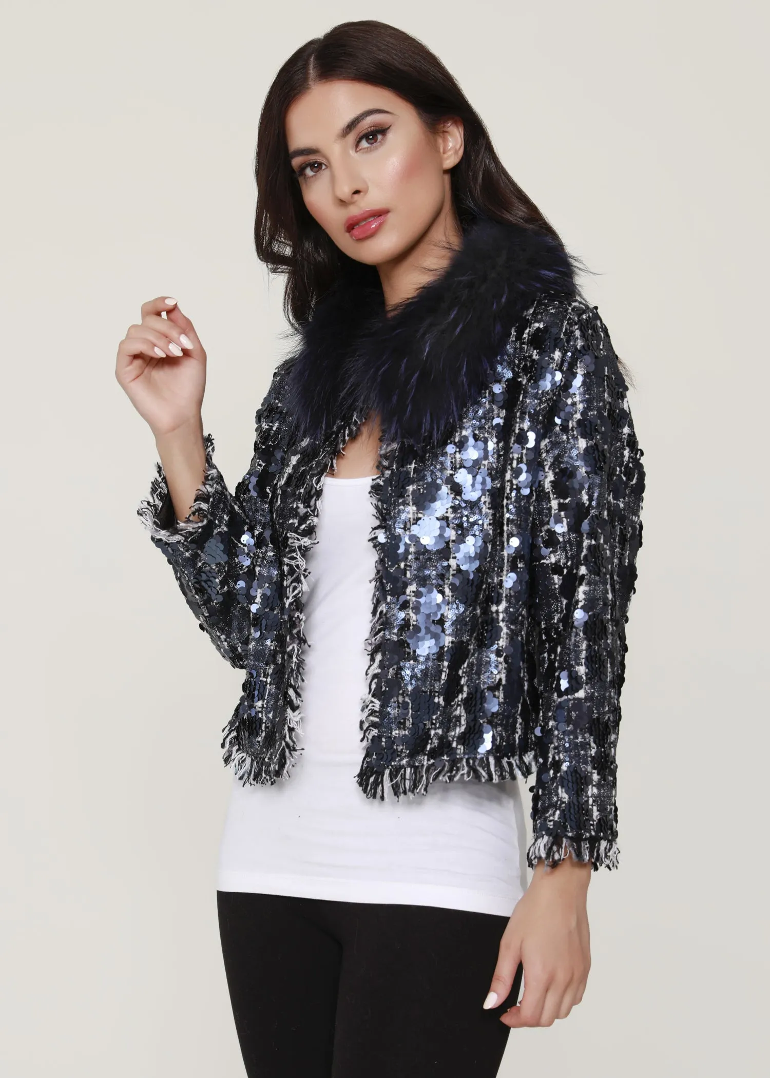 Sequin Cropped Tweed Jacket with Fur Collar