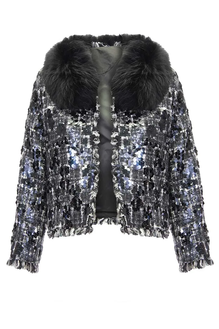 Sequin Cropped Tweed Jacket with Fur Collar