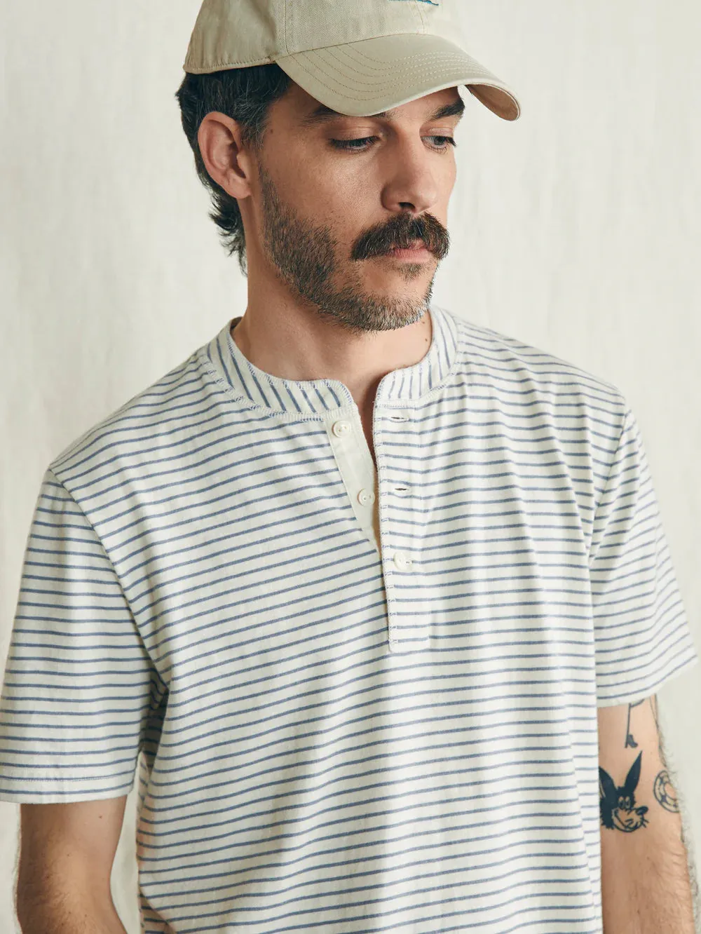 Short Sleeve Sunwashed Henley in Stripe