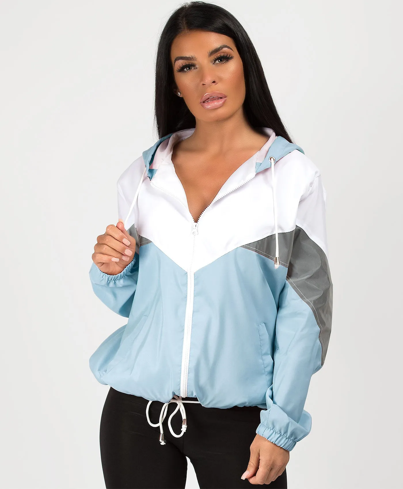 Sky Blue Colour Block Reflective Panel Windbreaker Jacket