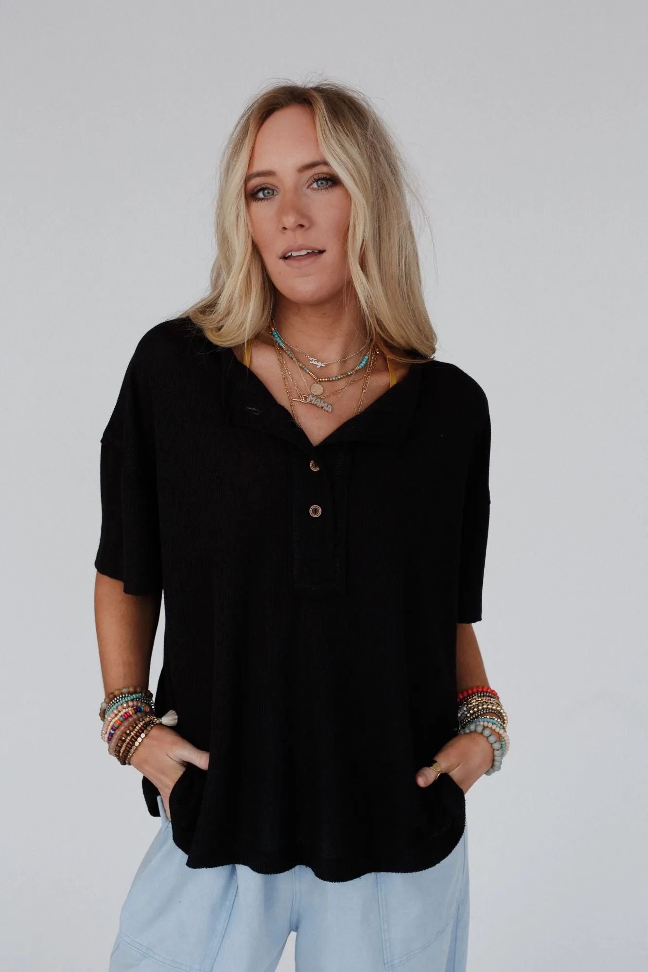 Soft Plume Henley Top - Black