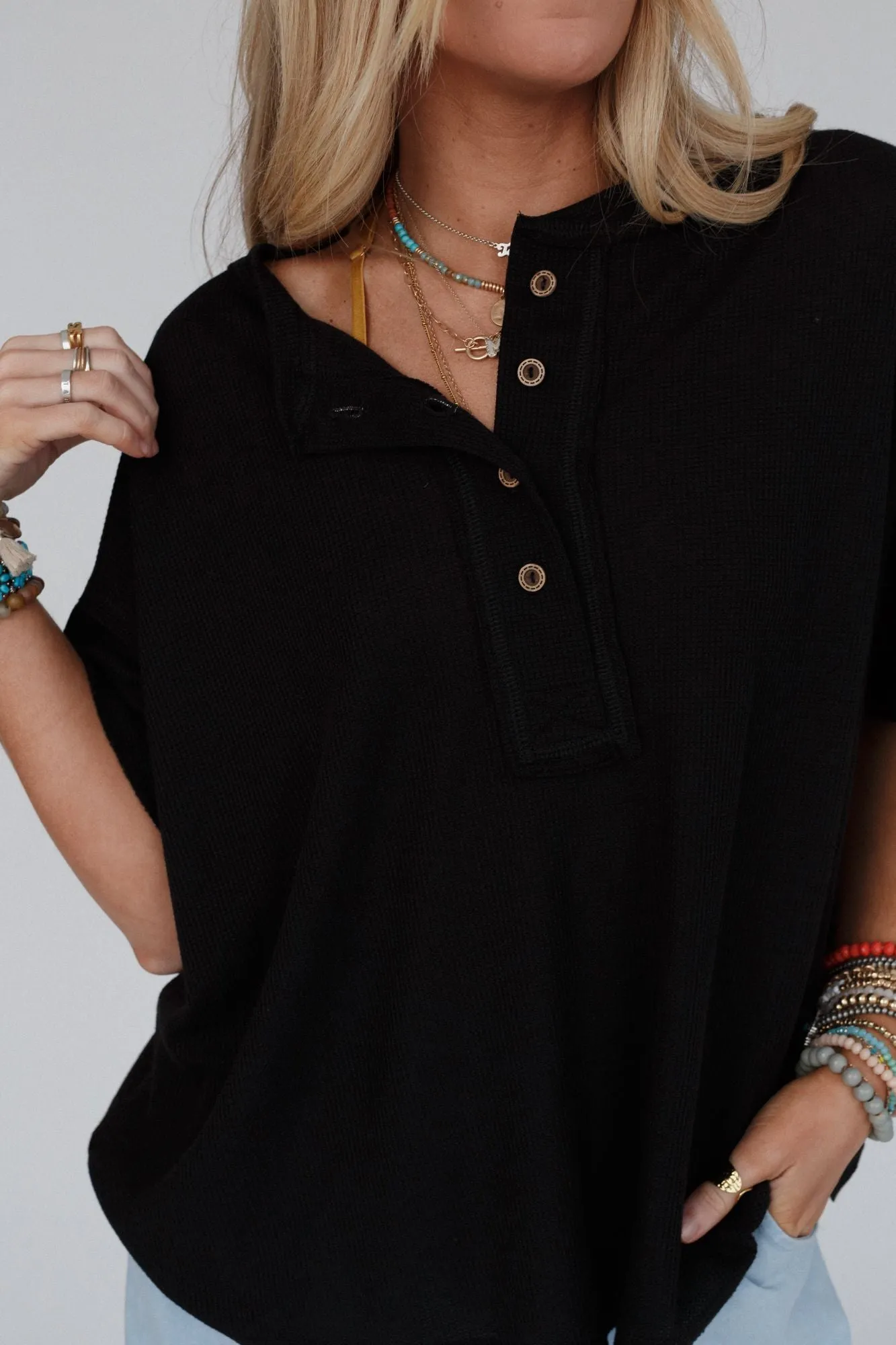 Soft Plume Henley Top - Black